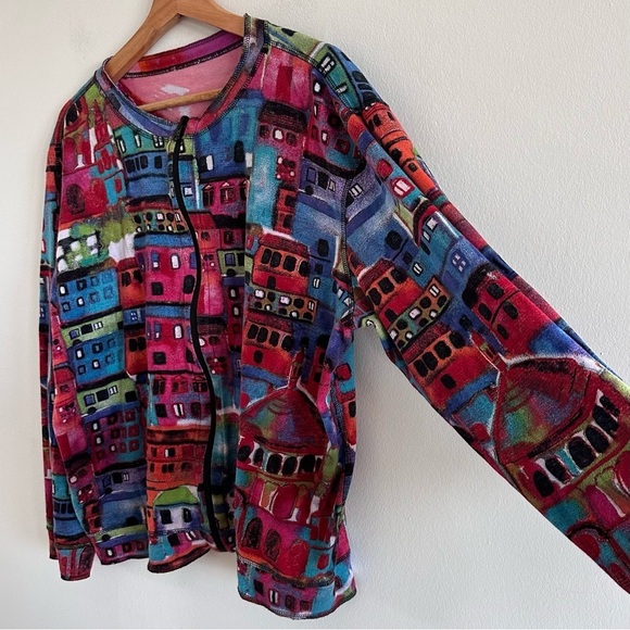 Chico’s vintage double sided novelty village print soft stretchy knit jacket XL - Picture 6 of 7